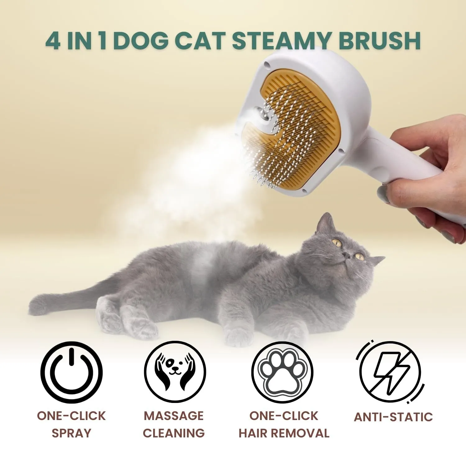 White pet grooming brush with steam spray function and self-cleaning mechanism for dogs and cats