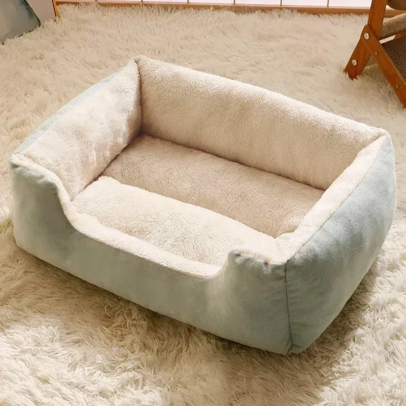 Short plush cat bed for pets shown in one of five colours and available in five sizes.