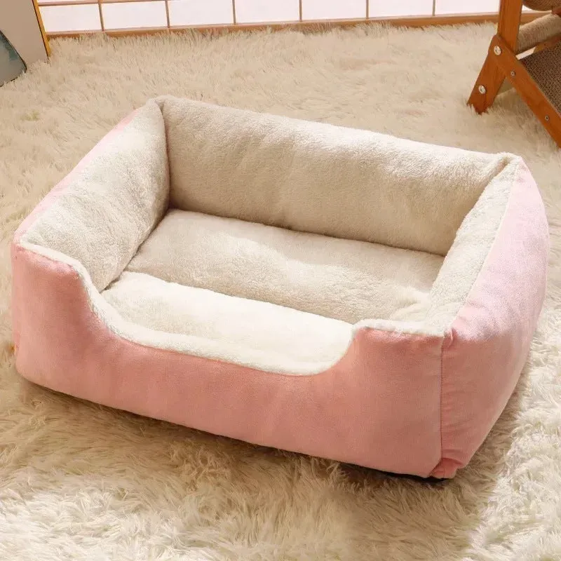 Short plush cat bed for pets shown in one of five colours and available in five sizes.