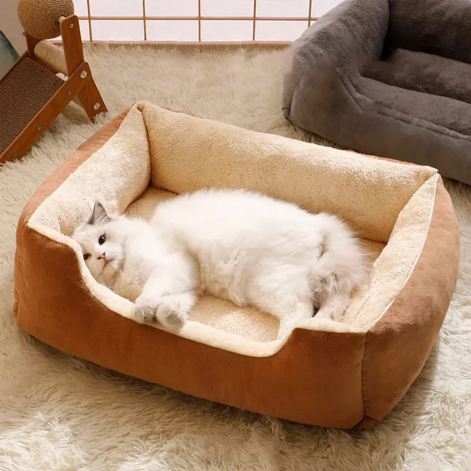 Short plush cat bed for pets shown in one of five colours and available in five sizes.