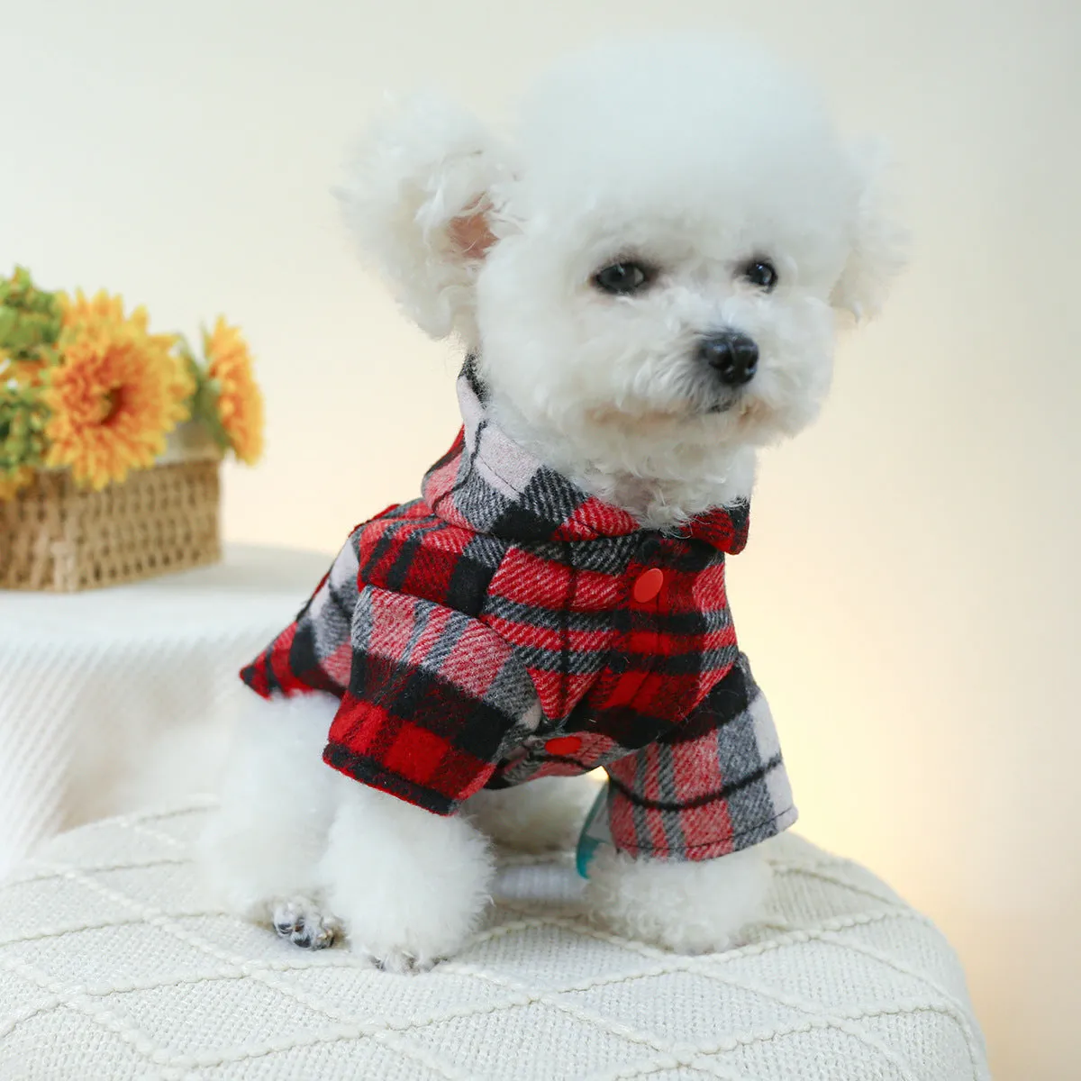 Red plaid polyester trench coat for pets with sizing from XS to XL