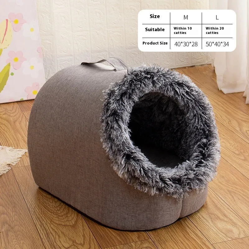 Grey fleece-lined closed cat sleeping bag with portable handle on brown floor