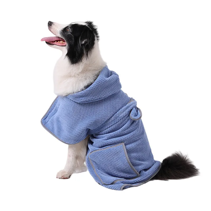 Blue dog bath robe with adjustable waistband fastened on a dog, showing absorbent fabric and sizing for drying.