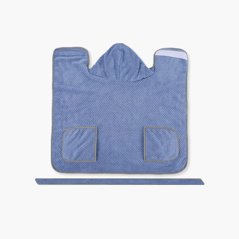 Blue dog bath robe with adjustable waistband fastened on a dog, showing absorbent fabric and sizing for drying.