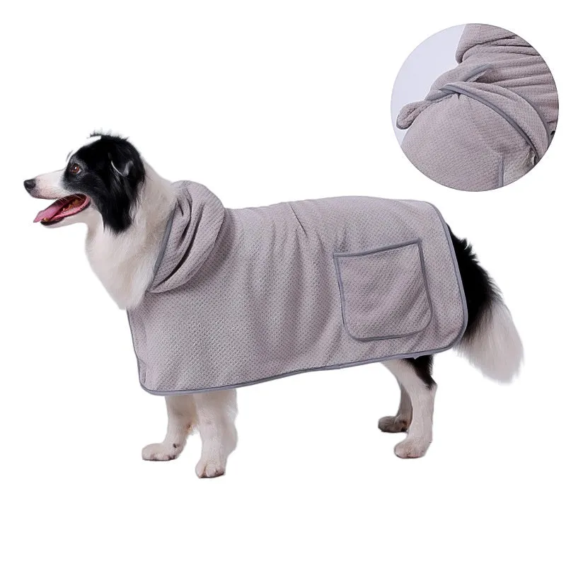 Blue dog bath robe with adjustable waistband fastened on a dog, showing absorbent fabric and sizing for drying.