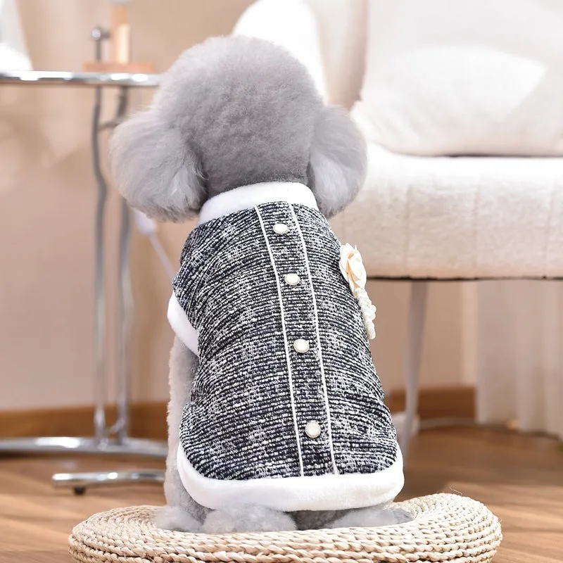 Black PU sausage costume jacket on a small dog, showing the torso-covering design.