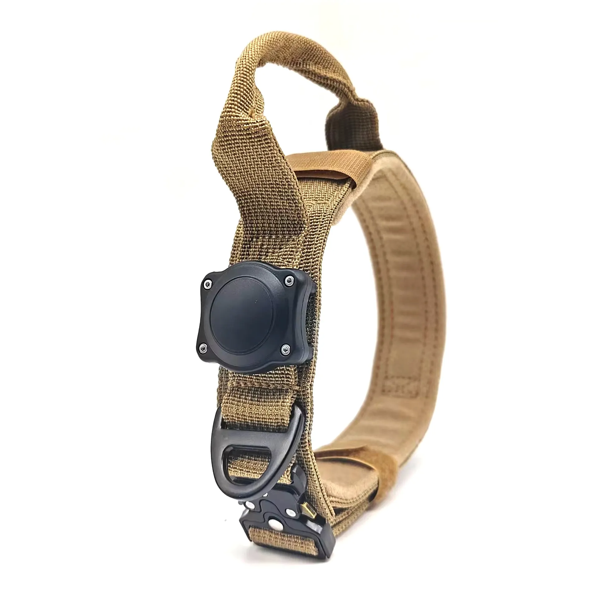 Tactical waterproof dog collar in khaki with a metal D-ring on a grey background.