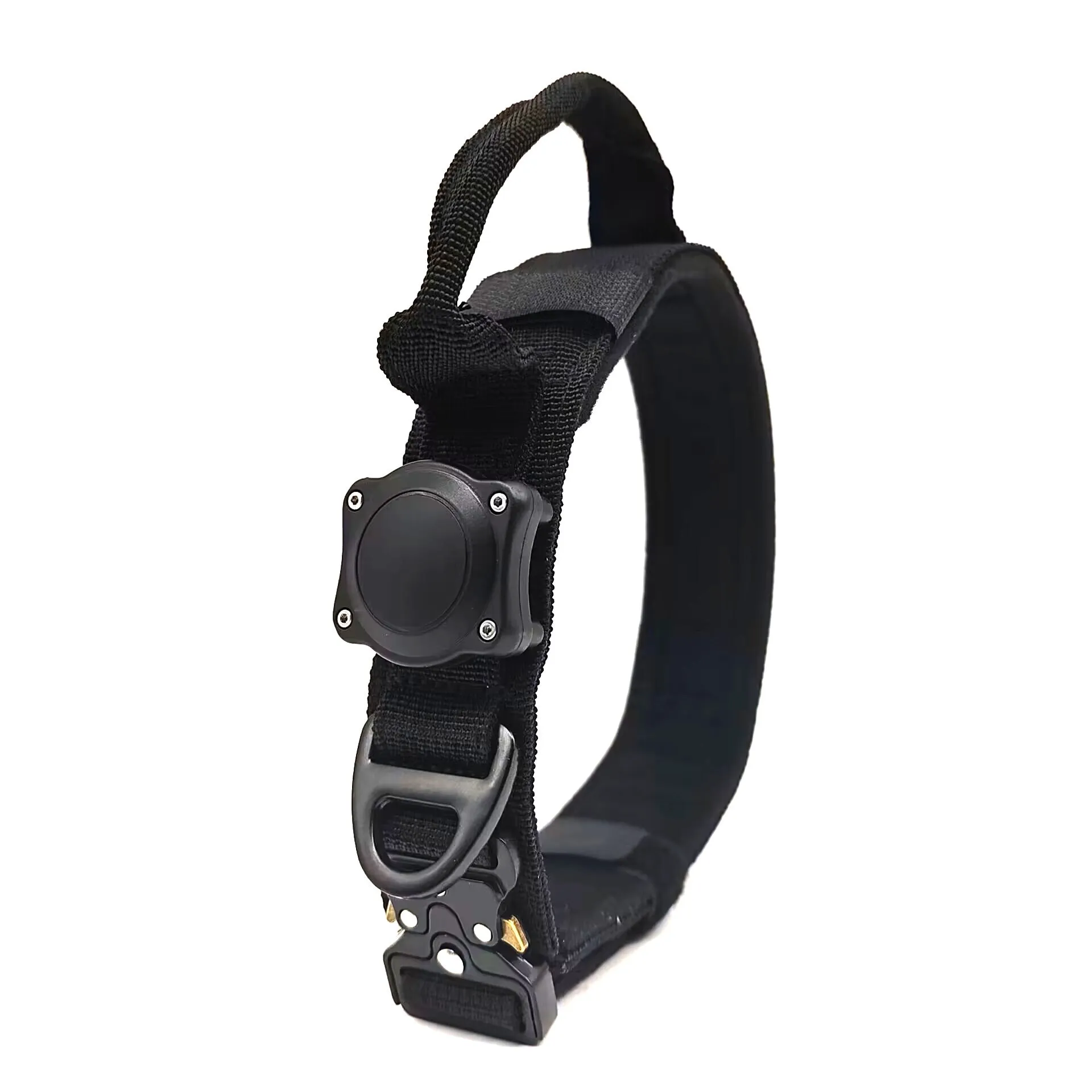 Tactical waterproof dog collar in khaki with a metal D-ring on a grey background.