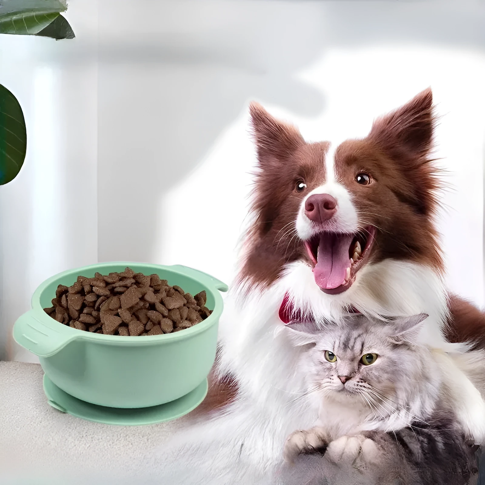 Silicone pet bowl with suction cups on base in a selection of colours.