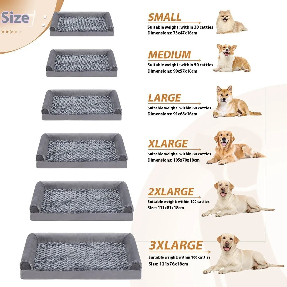 Grey U-shaped dog sofa bed with textured velvet cover and sponge padding.
