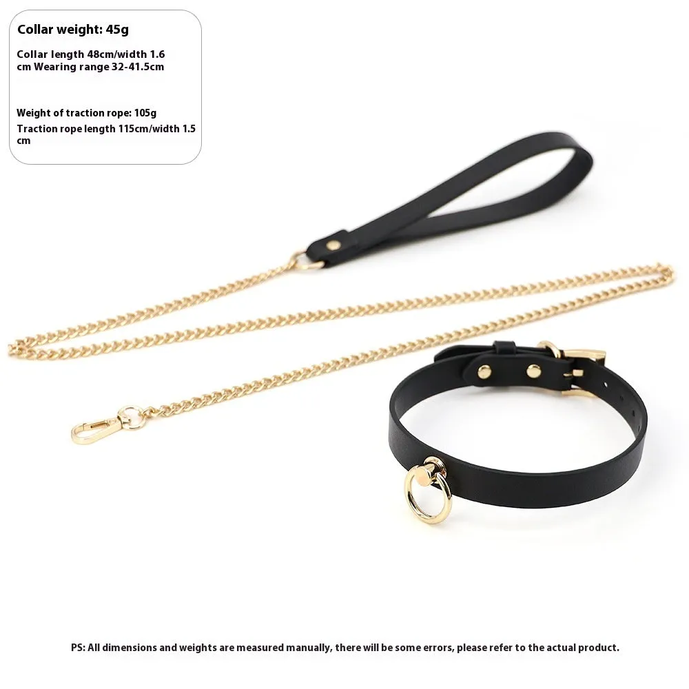 Black genuine cowhide leather BDSM collar with chain links and a matching dog lead.