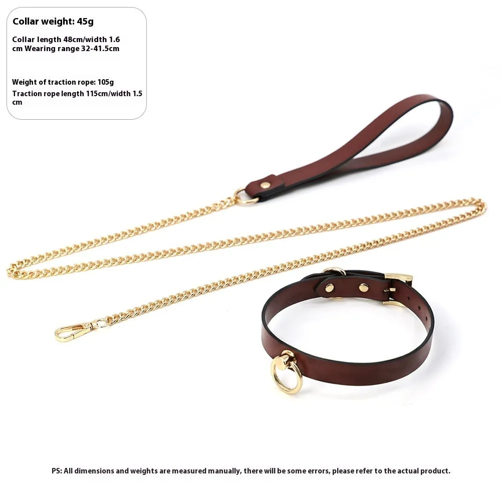 Black genuine cowhide leather BDSM collar with chain links and a matching dog lead.