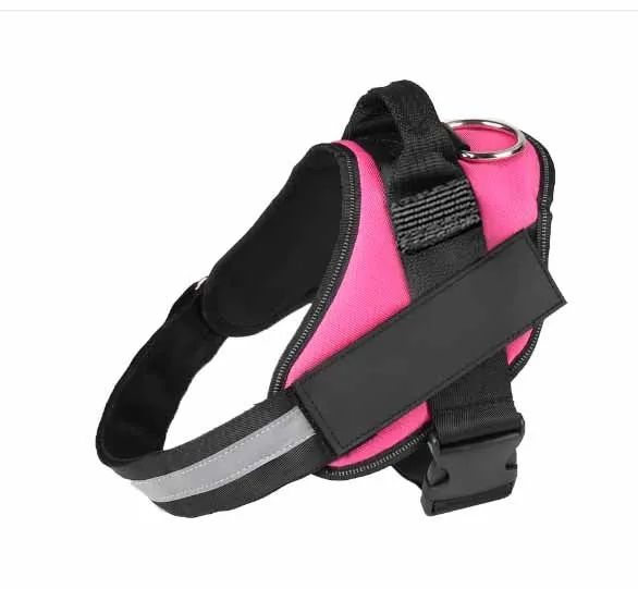 Adjustable dog harness with padded vest in multiple colours, showing front straps and back D-ring.