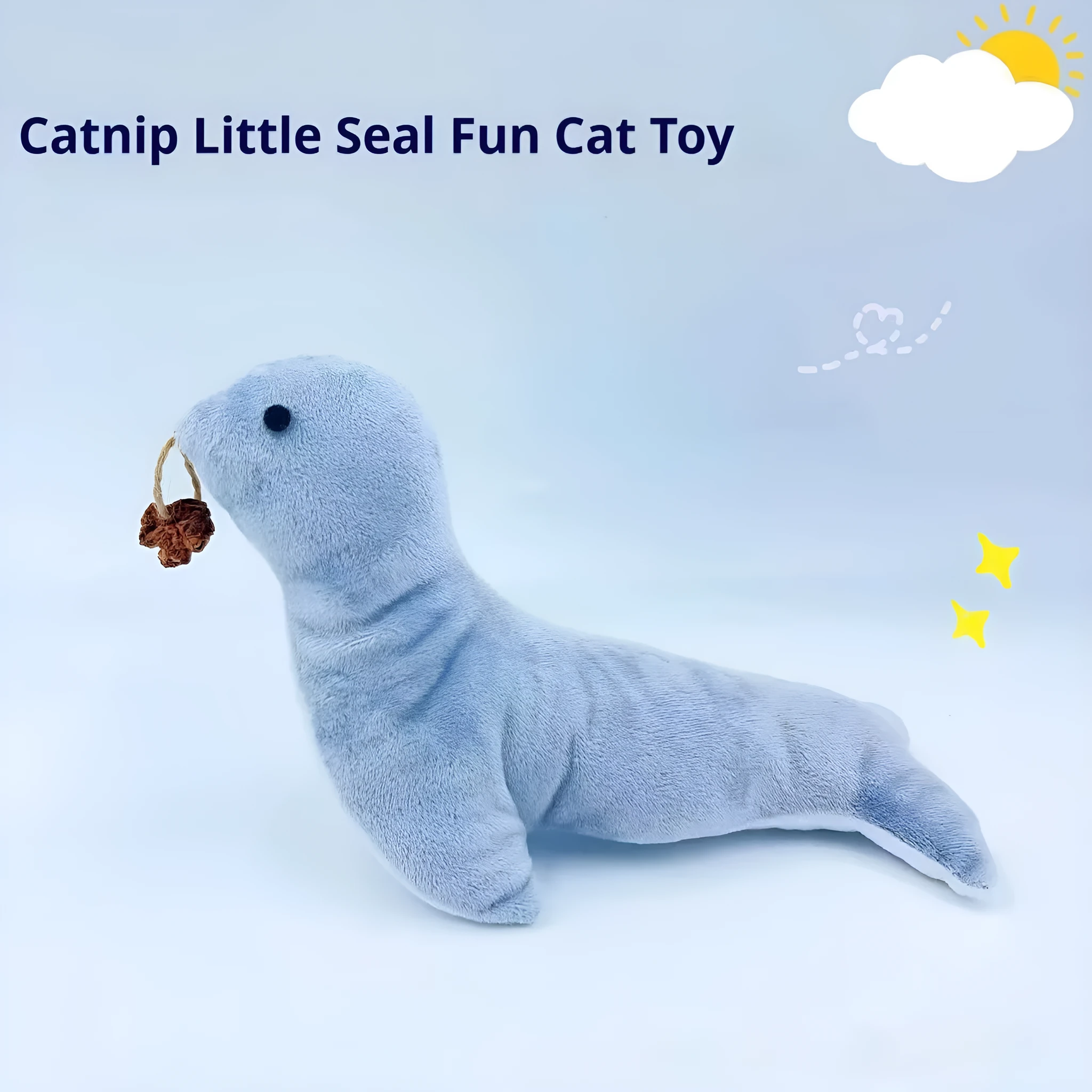 Blue sea lion plush cat toy with embroidered details on a white background.
