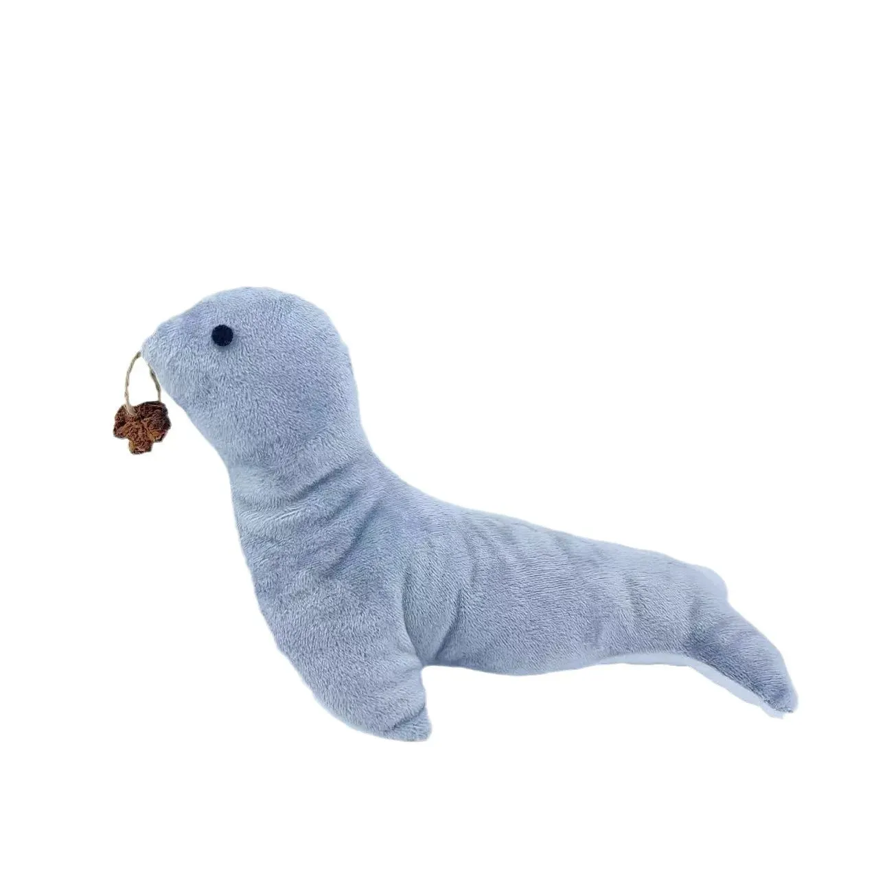 Blue sea lion plush cat toy with embroidered details on a white background.