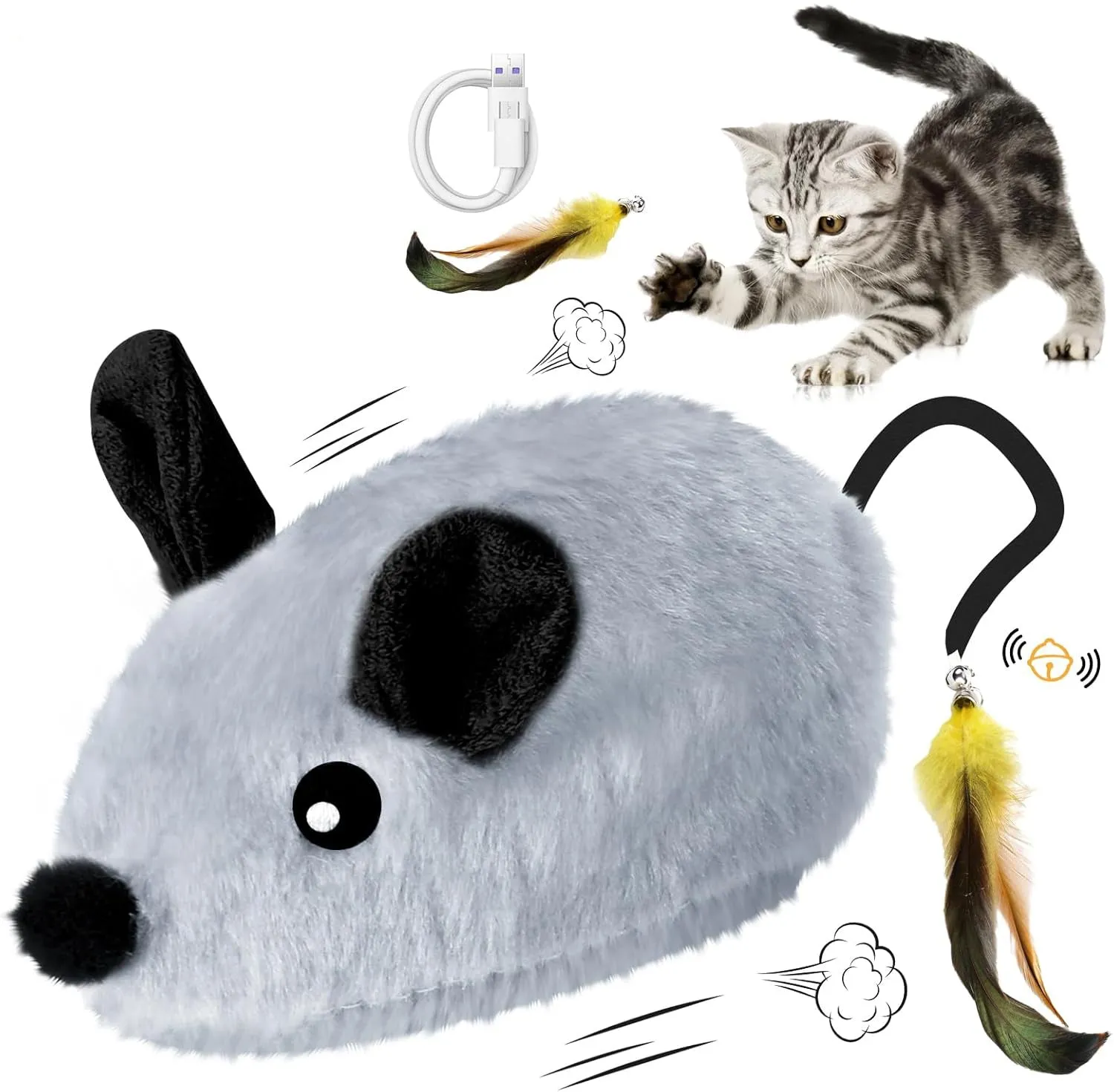 Interactive electric cat mouse toy with removable feather tail shown in grey and yellow colour options