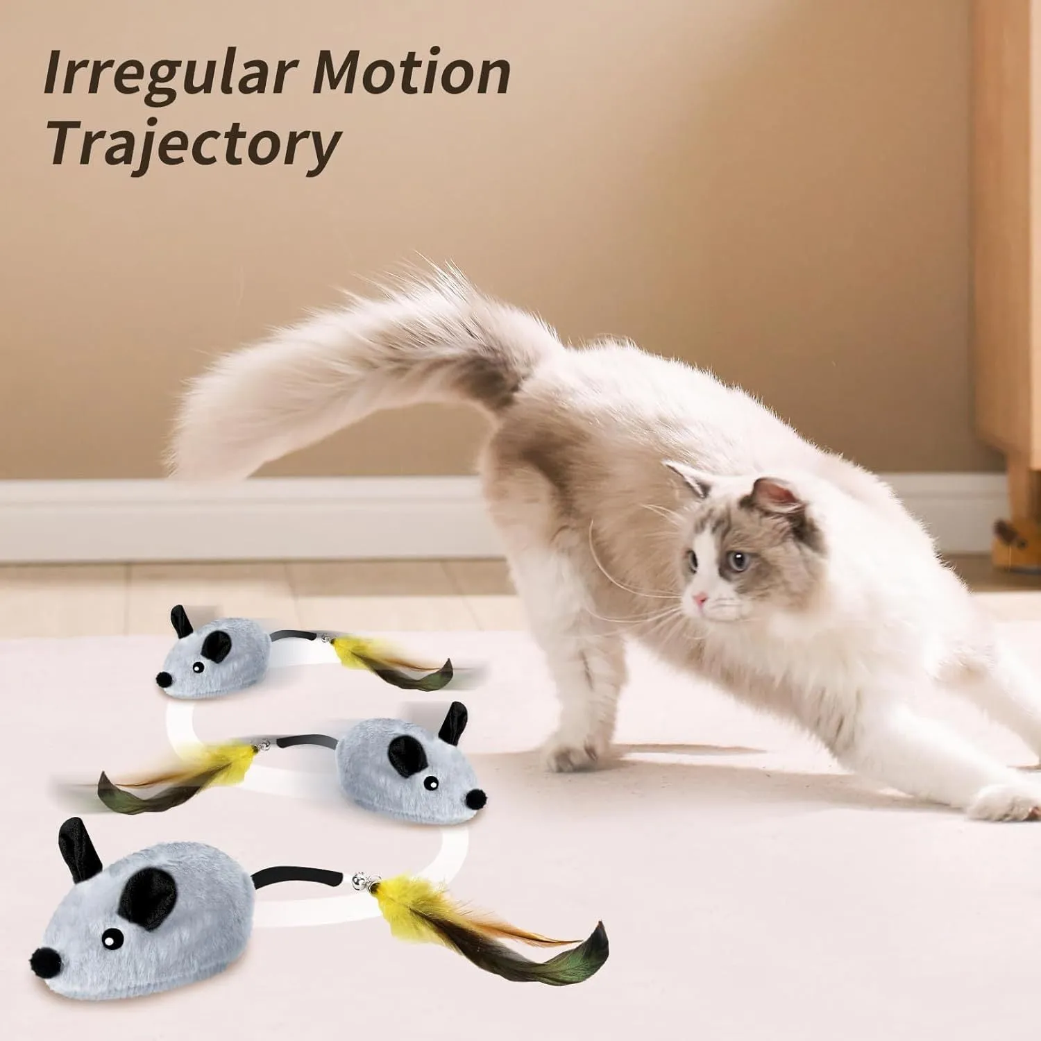 Interactive electric cat mouse toy with removable feather tail shown in grey and yellow colour options