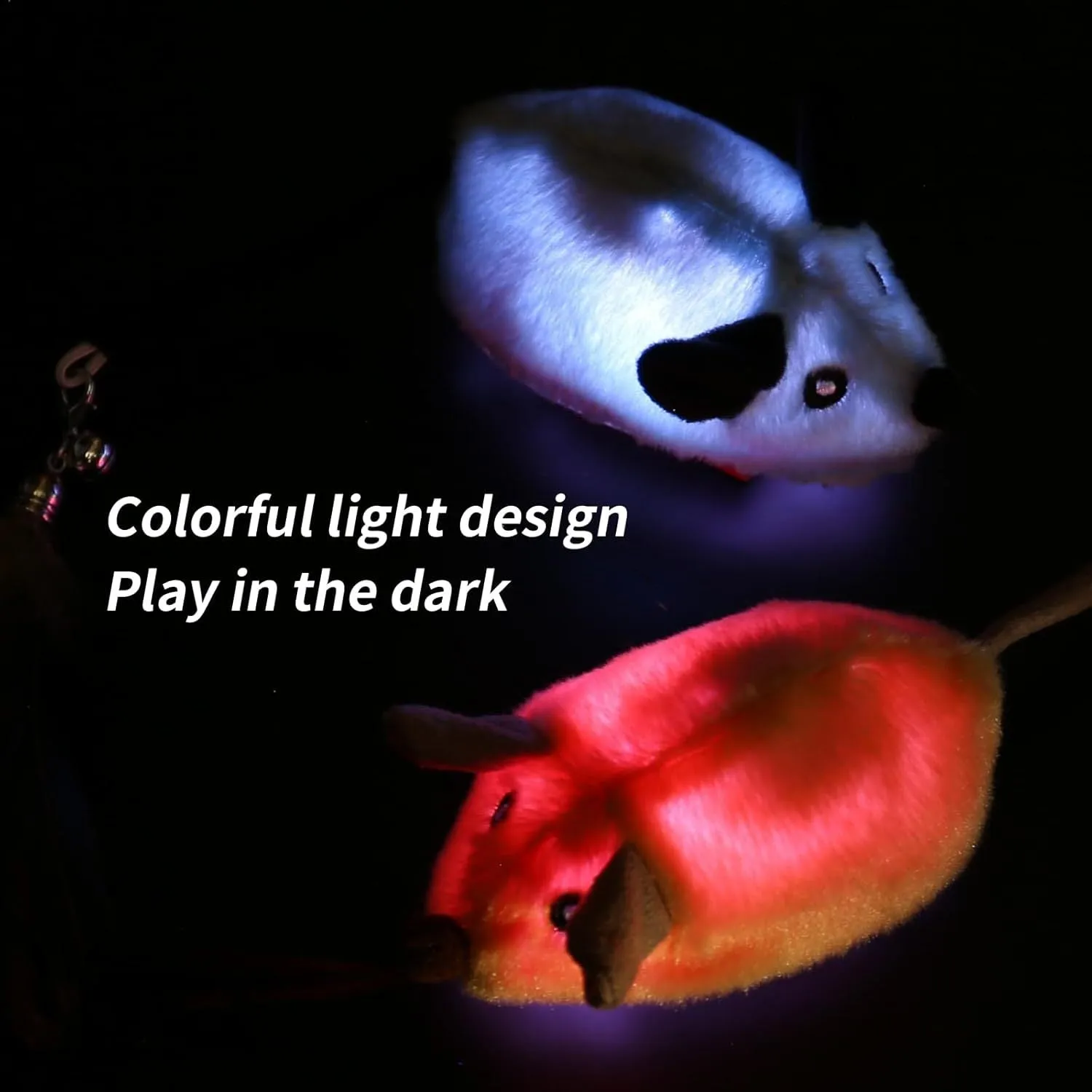 Interactive electric cat mouse toy with removable feather tail shown in grey and yellow colour options