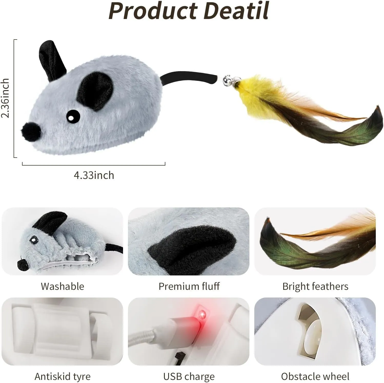 Interactive electric cat mouse toy with removable feather tail shown in grey and yellow colour options