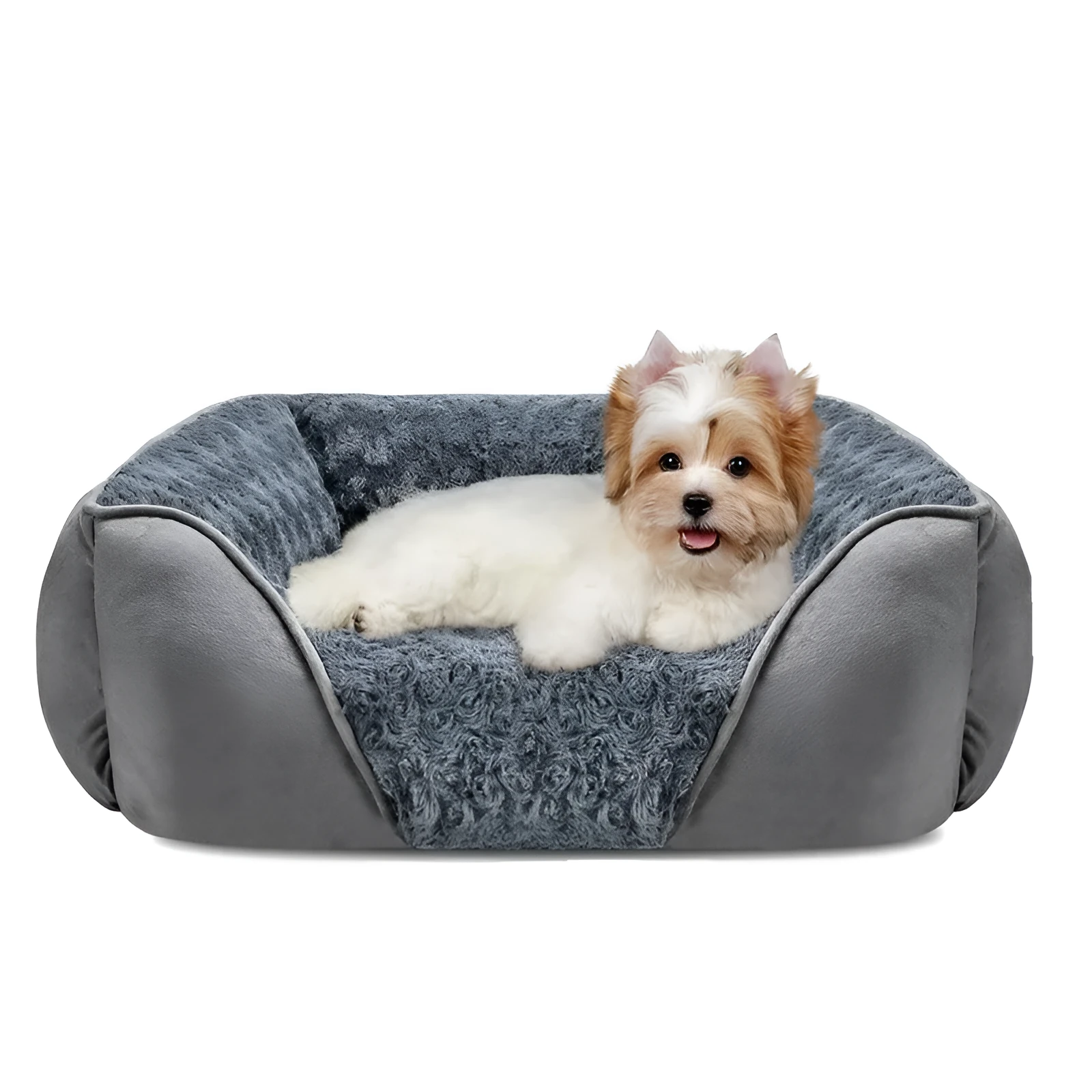 Golden retriever print plush pet kennel bed with raised sides, shown in beige colour.
