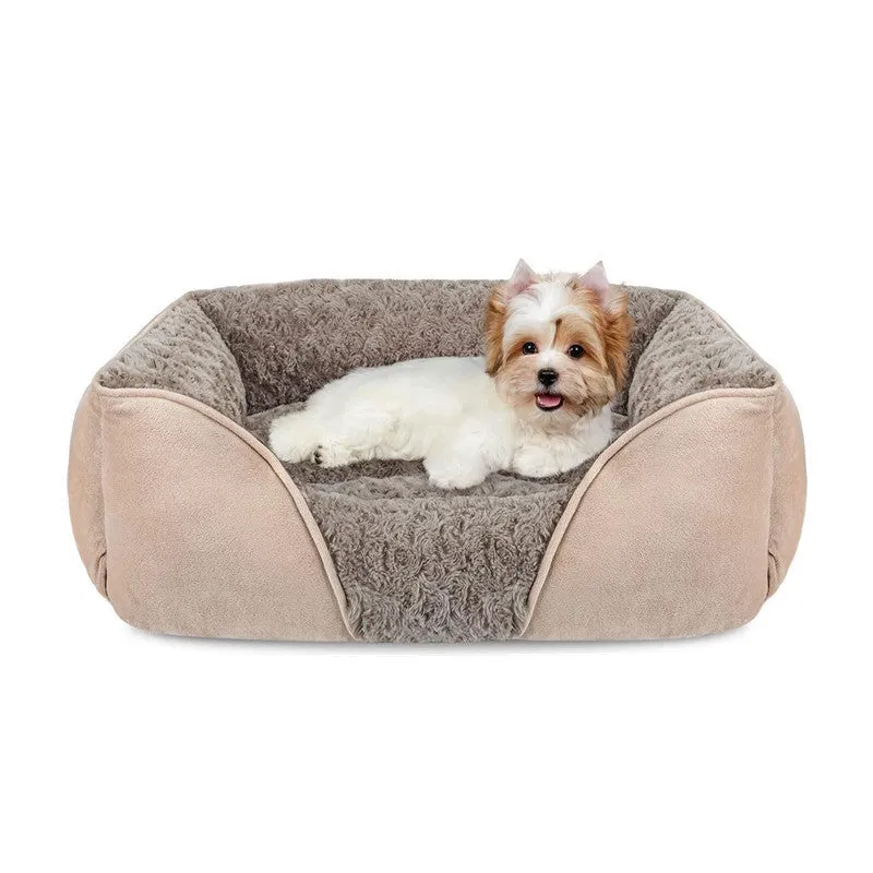 Golden retriever print plush pet kennel bed with raised sides, shown in beige colour.