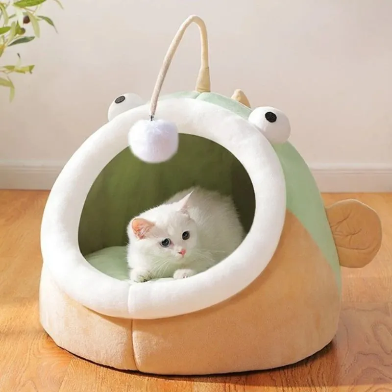 Deerskin velvet semi-closed cat house lantern fish design in grey, shown in small medium large sizes