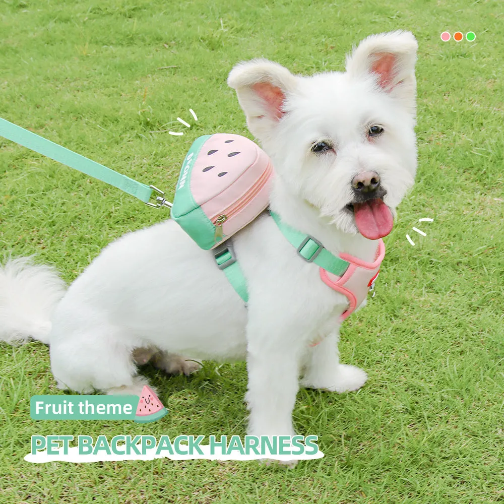 Fruit-themed pet backpack chest strap set with matching traction rope in multiple colours