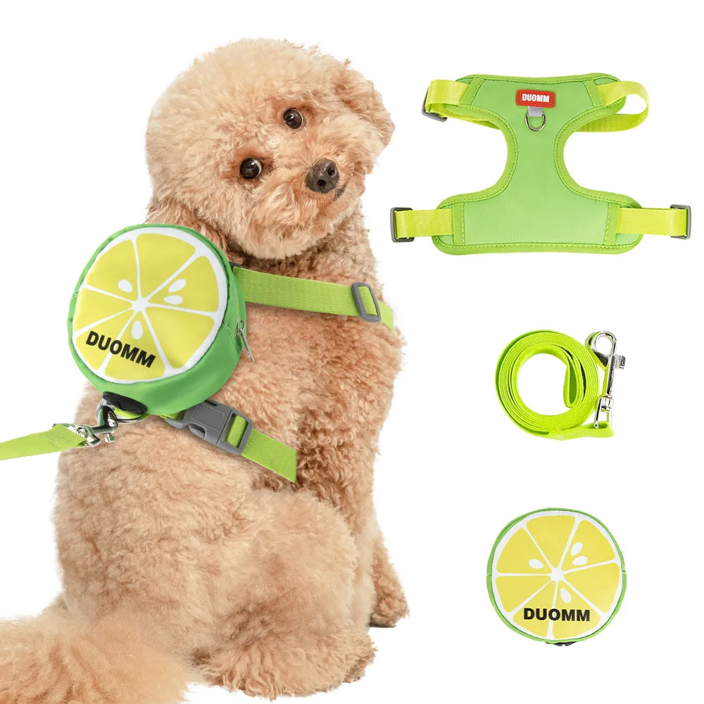 Fruit-themed pet backpack chest strap set with matching traction rope in multiple colours
