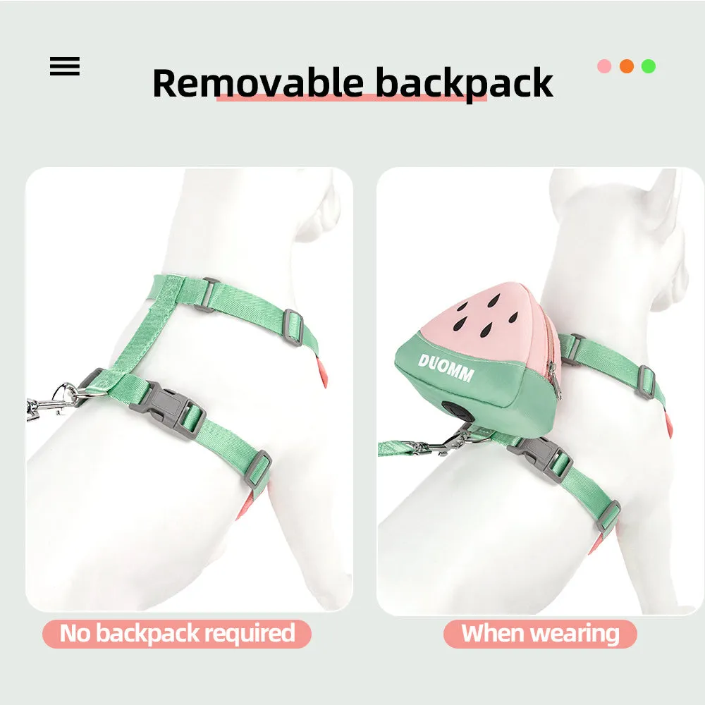 Fruit-themed pet backpack chest strap set with matching traction rope in multiple colours