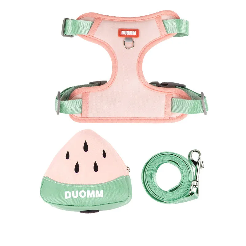 Fruit-themed pet backpack chest strap set with matching traction rope in multiple colours