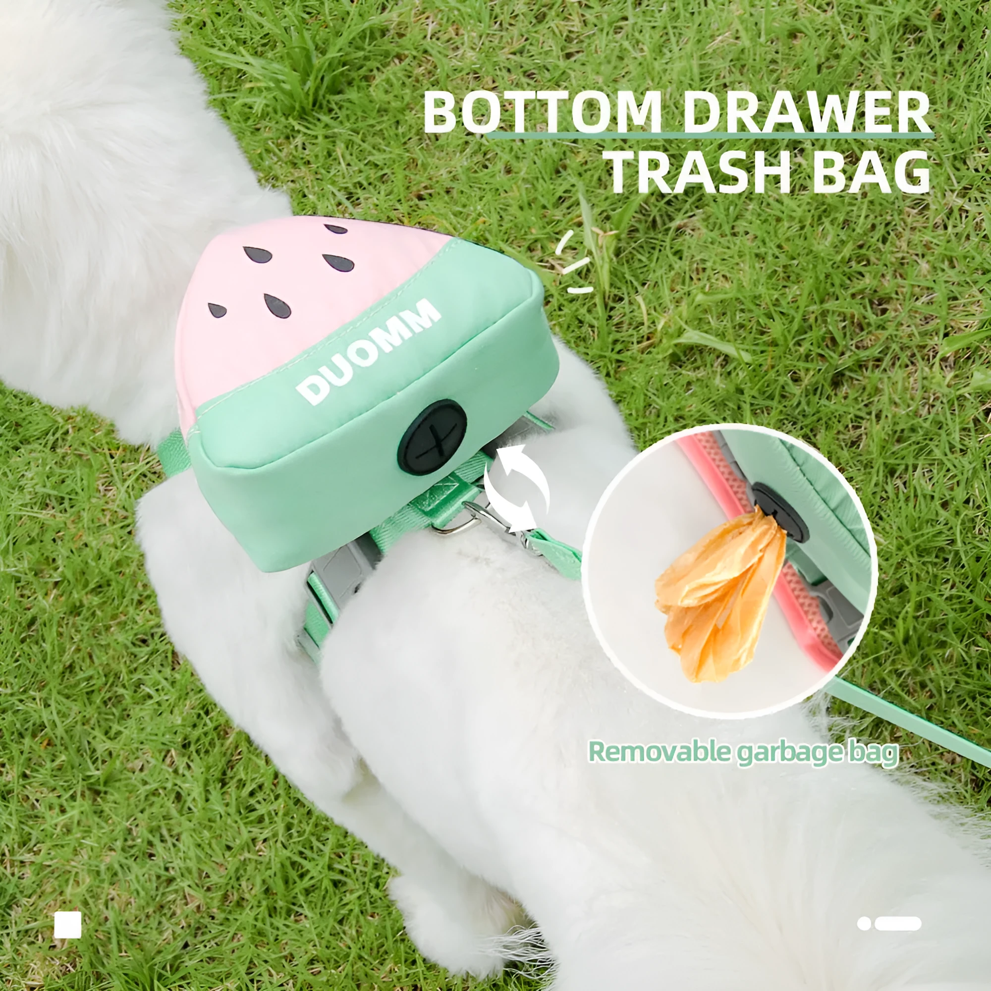 Fruit-themed pet backpack chest strap set with matching traction rope in multiple colours