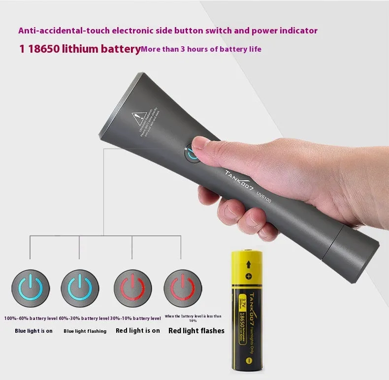 Aluminium UV flashlight for detecting pet urine stains on carpets, showing USB-C port.
