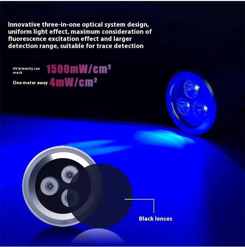Aluminium UV flashlight for detecting pet urine stains on carpets, showing USB-C port.