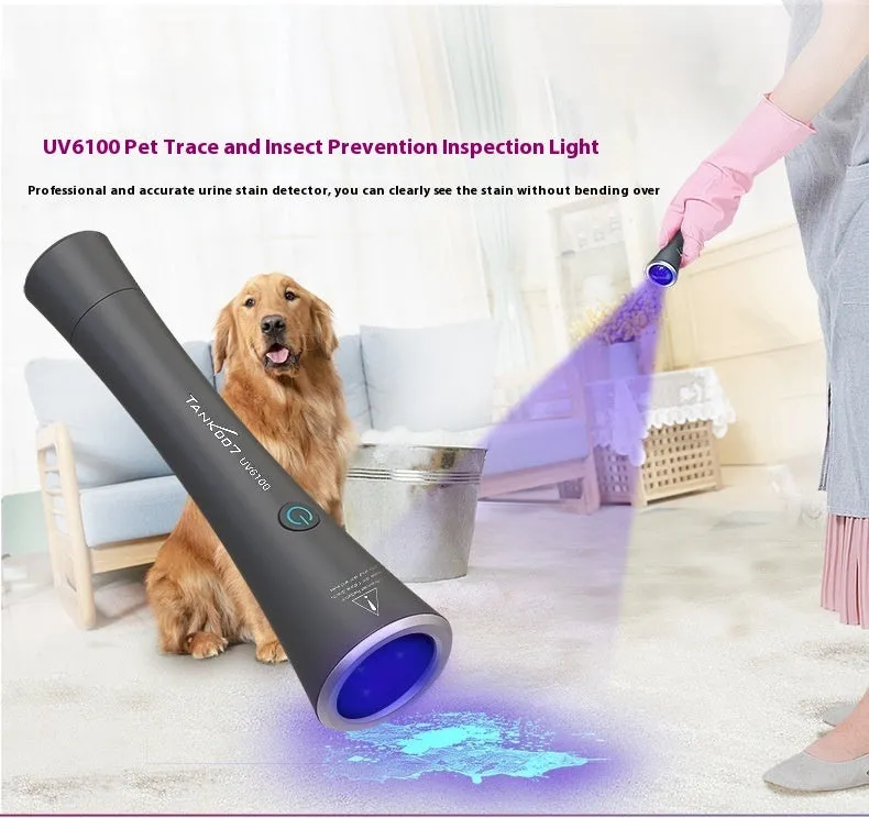 Aluminium UV flashlight for detecting pet urine stains on carpets, showing USB-C port.