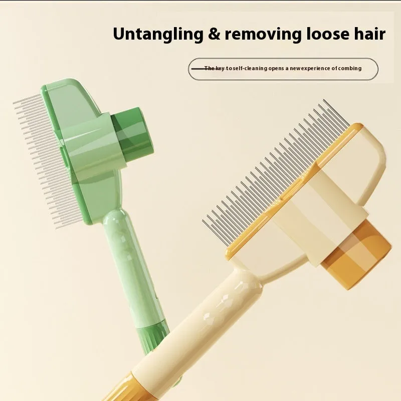 Yellow and green self-cleaning pet combs with stainless steel teeth and release buttons for dog and cat grooming