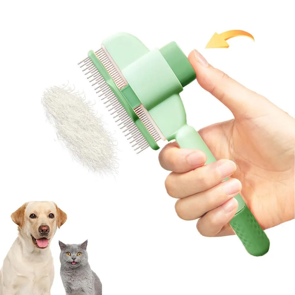Yellow and green self-cleaning pet combs with stainless steel teeth and release buttons for dog and cat grooming