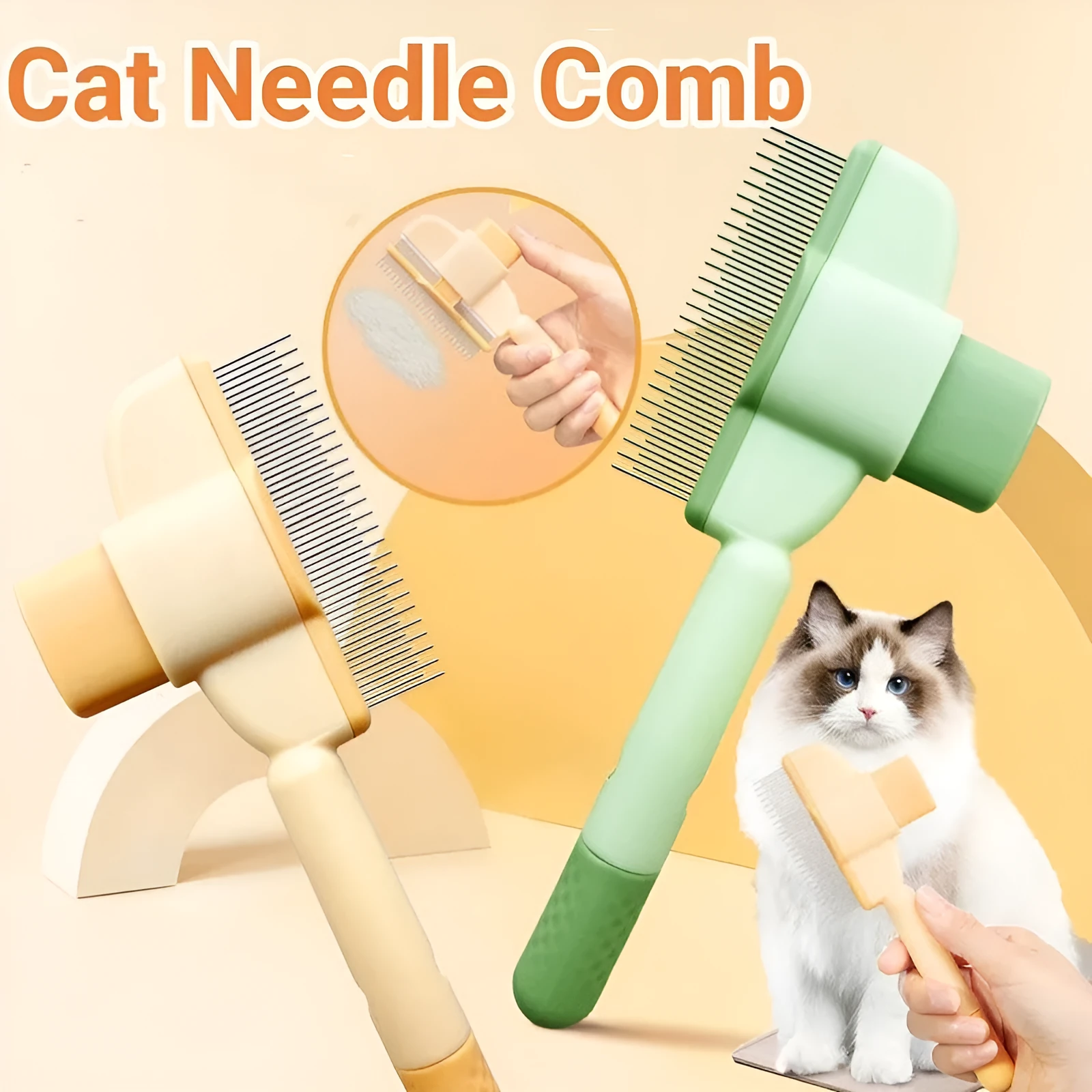 Yellow and green self-cleaning pet combs with stainless steel teeth and release buttons for dog and cat grooming