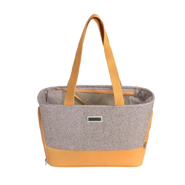 Capsule-shaped pet backpack with mesh windows in beige brown colour