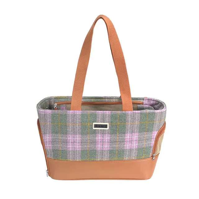 Capsule-shaped pet backpack with mesh windows in beige brown colour