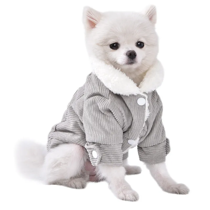 A grey lambswool vest for dogs with fleece lining, shown on a mannequin.