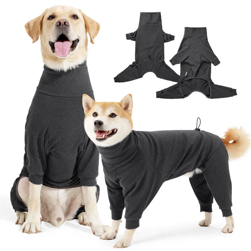 Dark grey polar fleece dog clothes with high collar and four-legged design for winter warmth