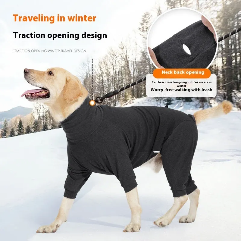 Dark grey polar fleece dog clothes with high collar and four-legged design for winter warmth