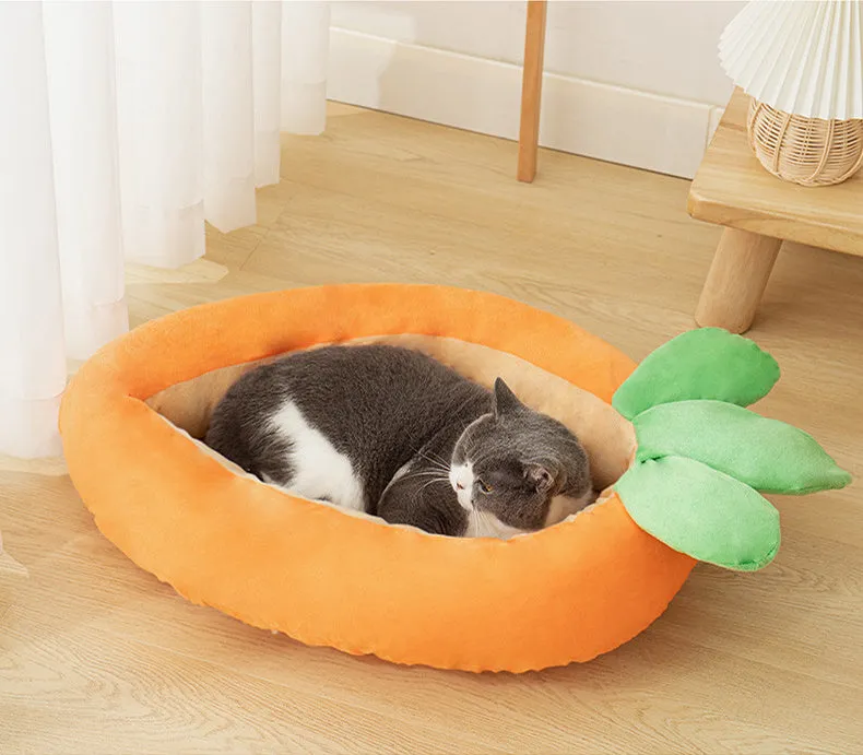 Carrot-shaped dog nesting bed with washable blanket and removable interior cushion for small medium pets