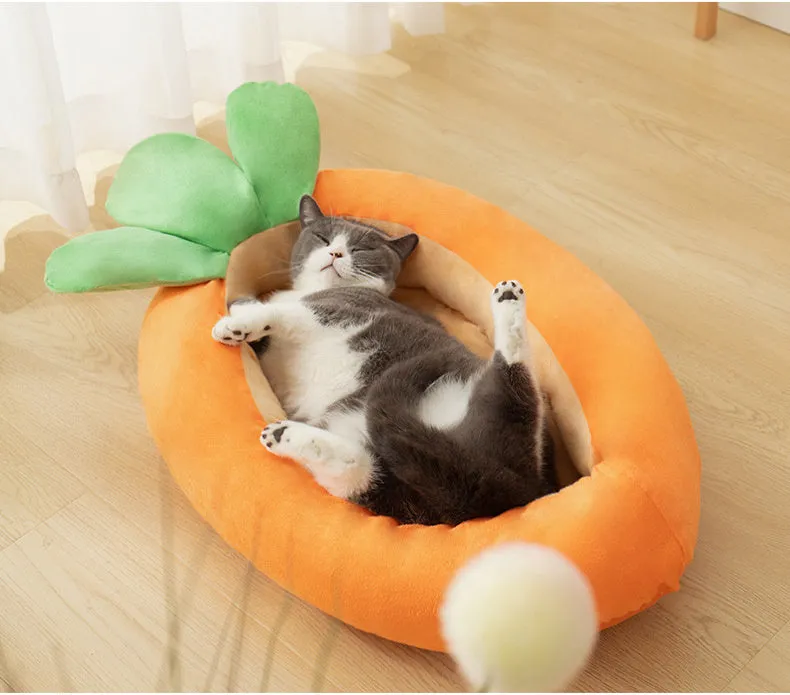 Carrot-shaped dog nesting bed with washable blanket and removable interior cushion for small medium pets