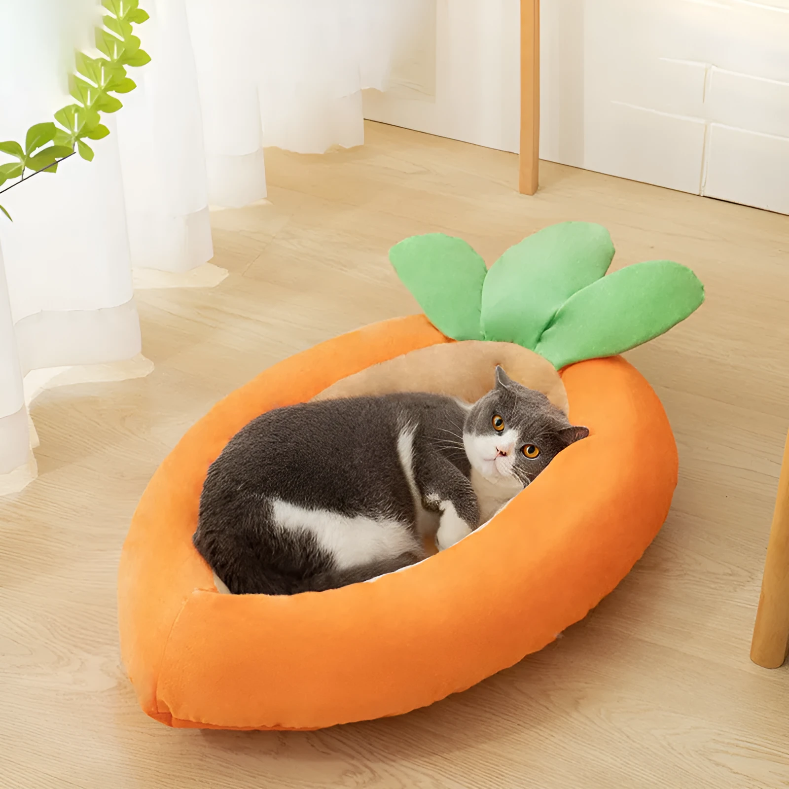 Carrot-shaped dog nesting bed with washable blanket and removable interior cushion for small medium pets