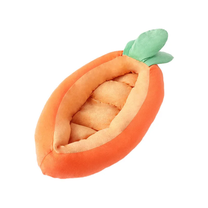 Carrot-shaped dog nesting bed with washable blanket and removable interior cushion for small medium pets