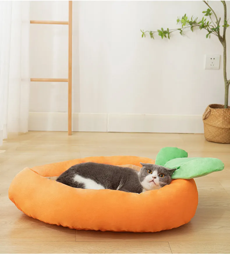 Carrot-shaped dog nesting bed with washable blanket and removable interior cushion for small medium pets