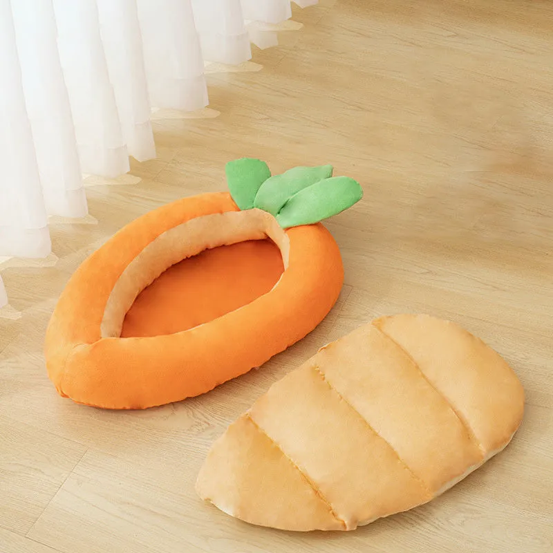 Carrot-shaped dog nesting bed with washable blanket and removable interior cushion for small medium pets