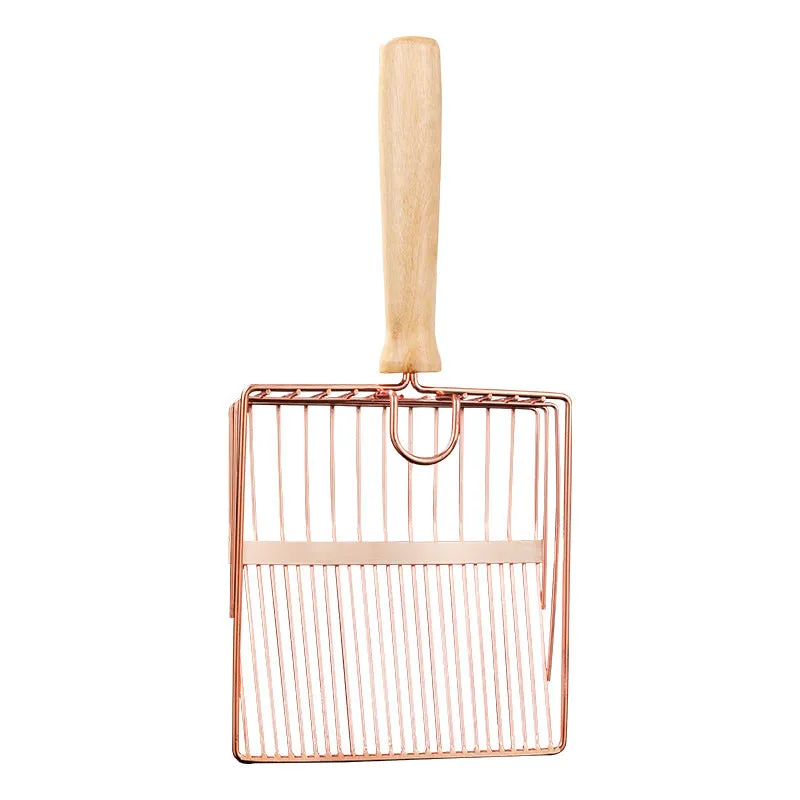 Stainless steel cat litter scoop with wooden handle showing screened design for efficient waste removal
