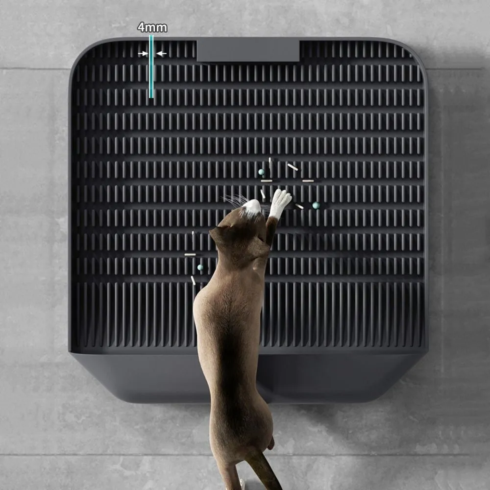 Large square black cat litter pedal with slanted mouth design and textured surface